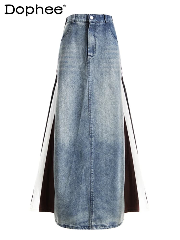 Loose A- Line  Floor-Length Skirts Female 2024 Spring Autumn Washed Denim Stitching High Waist Skirt Long Skirts for Women