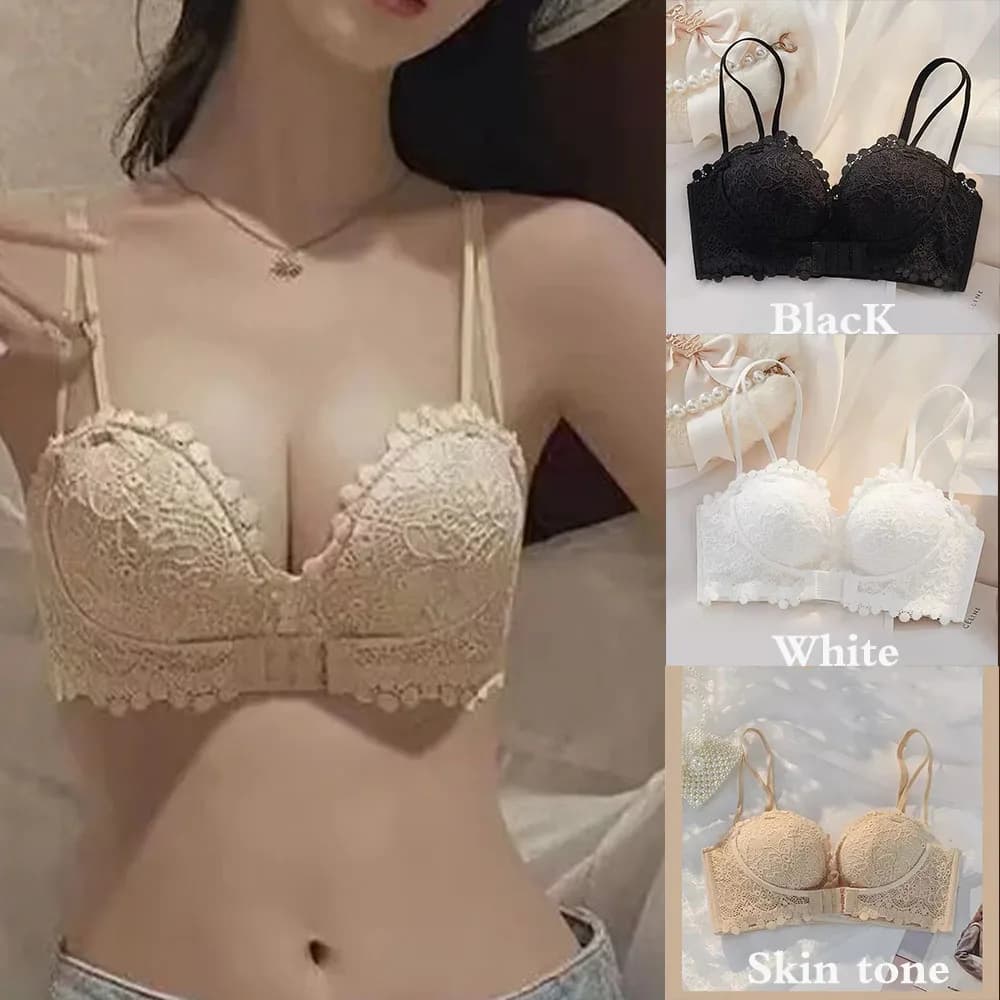 QXCU Sexy Back Without Steel Ring Underwear Female Small Breasts Gathered Big Breasts Showing Small Bra Black/Skin tone/White