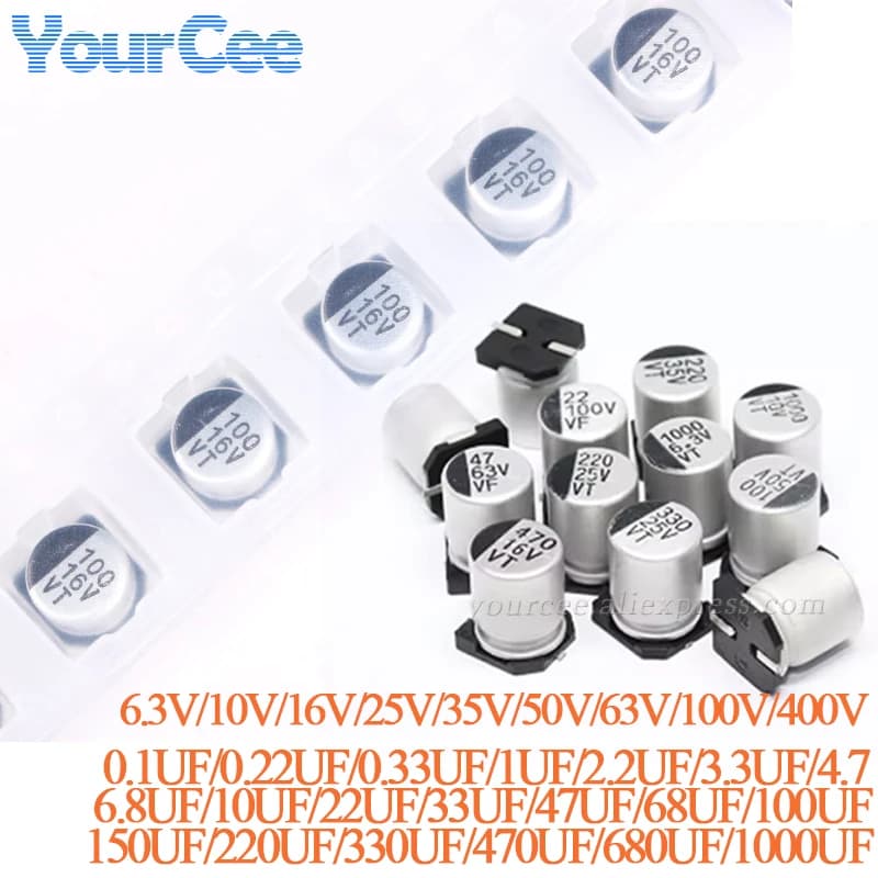 10pcs 6.3V 10V 16V 25V 35V 50V 63V 100V 400V SMD Electrolytic Capacitor Aluminum 1UF 4.7UF 10UF 47UF 100UF 470UF 680UF 1000UF