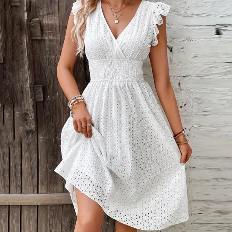 Summer Women V-Neck Beach Dress Flare Sleeve Solid Color Hollow Lace Waist Dress Casual Beach Holiday Dresses