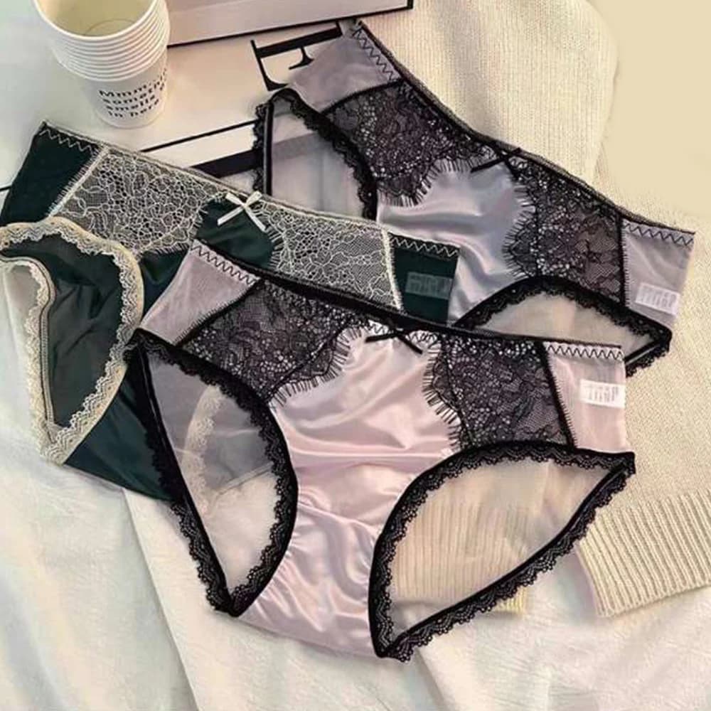 Semitransparent Lace Knickers Low Waist Seamless Underpants Women Trim Satin Panties Soft Comfort Lingerie Fashion Sheer Brief