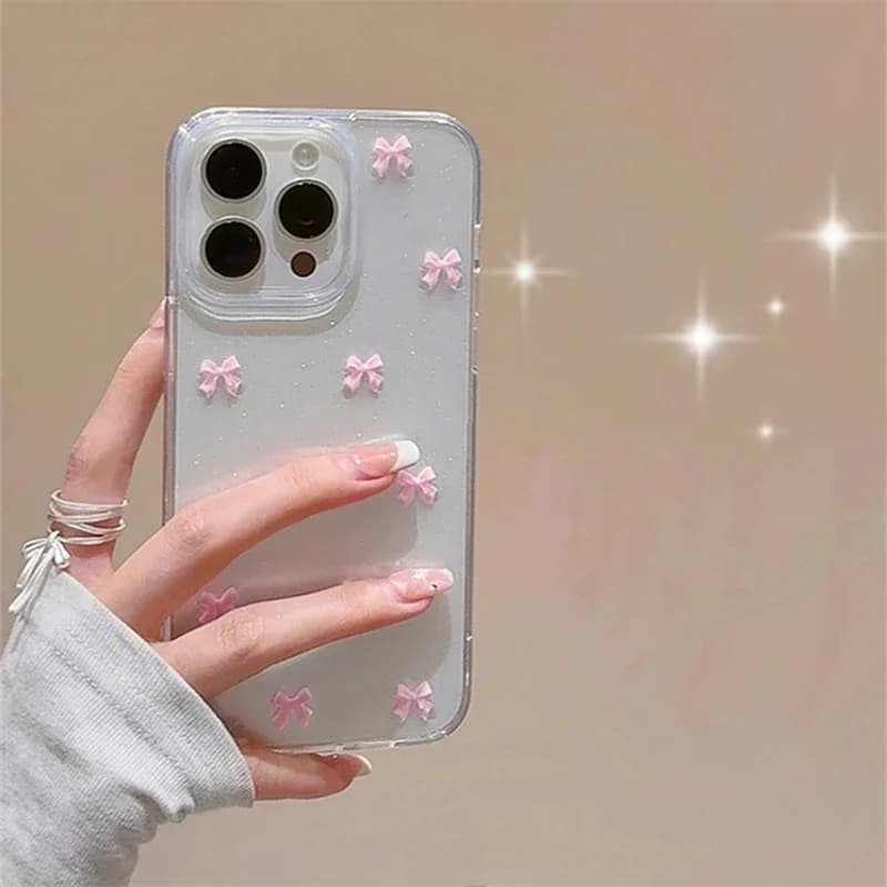 Cute Korea Girl Pink Bowknot Phone Case For iPhone 16 15 14 13 12 11 Pro Max X XS XR 7 8 Plus 16E Clear Soft Shockproof Cover