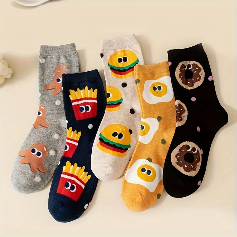 5 Pairs of Mixed Color Kidsren's Socks with Cartoon Cute Hamburger and Fries Patterns for Boys and Girls, Trendyy and Versatile Youth Mid-Calf Socks, Suitable for Casual Daily Life