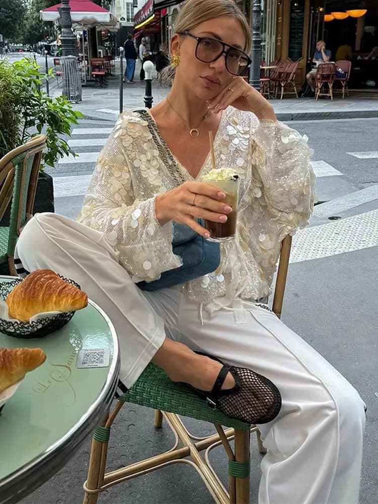 Women's Chic Sparkling Sequins Lace Up Cardigan Coat Spring Fashion Women's V-neck Long Sleeve Jacket 2025 Lady Party Streetwear