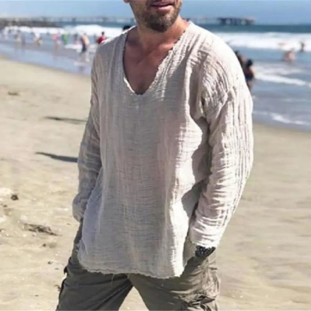 Men V-neck Long Sleeve Shirt Tops Burr Edge Pleated Loose Thin Pullover Tops Streetwear Spring Autumn Casual Handsome Men Shirts