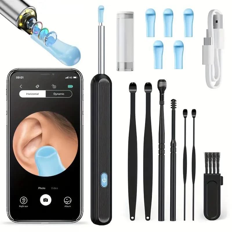 Wireless Ear Wax Removal Kit Easy Use Safe Ear Cleaning at Home with Camera Light 6pcs Silicone Accessories for iOS and Android