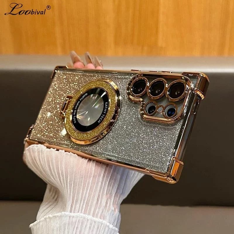 for Magsafe Glitter Bracket Case for Samsung Galaxy S24 S25 Ultra S23 S22 Plus Note 20 Stand Holder Gradient Plating Bling Cover