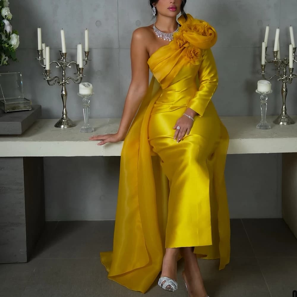 Fashion Satin Mermaid One Shoulder Flowers Evening Dress Long Sleeves Side Slit Floor Length Watteau Train Vestidos de fiesta
