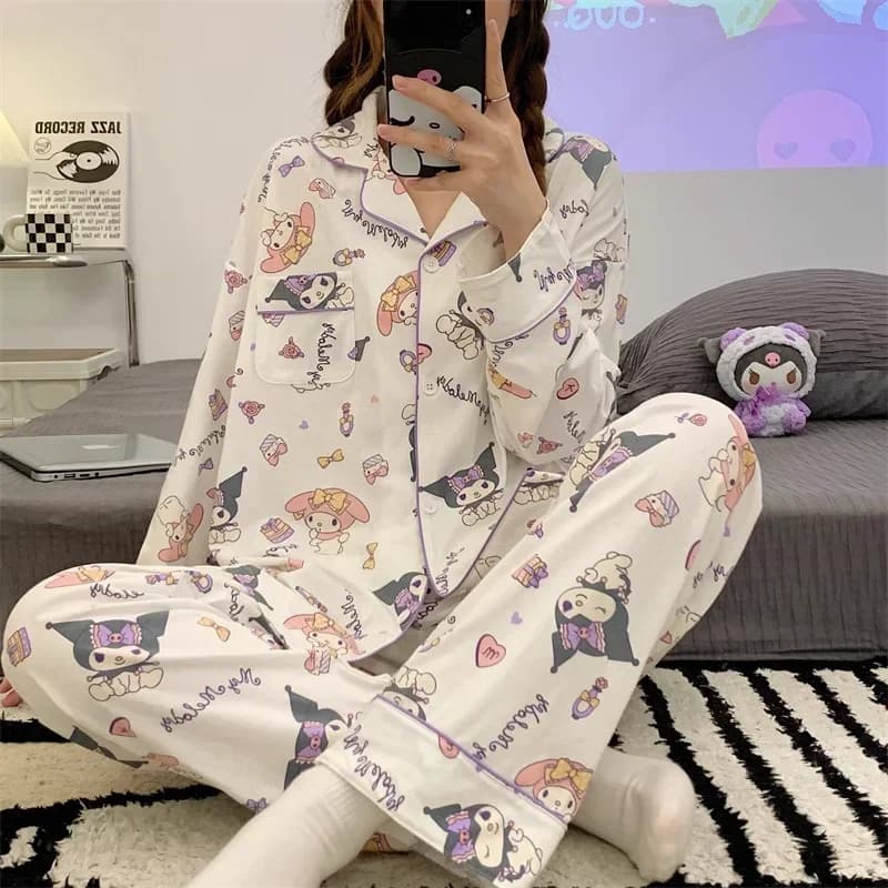 Sanrio Kulomi silk pajamas women's autumn cartoon pure cotton long-sleeved trousers loose casual loungewear pajamas set