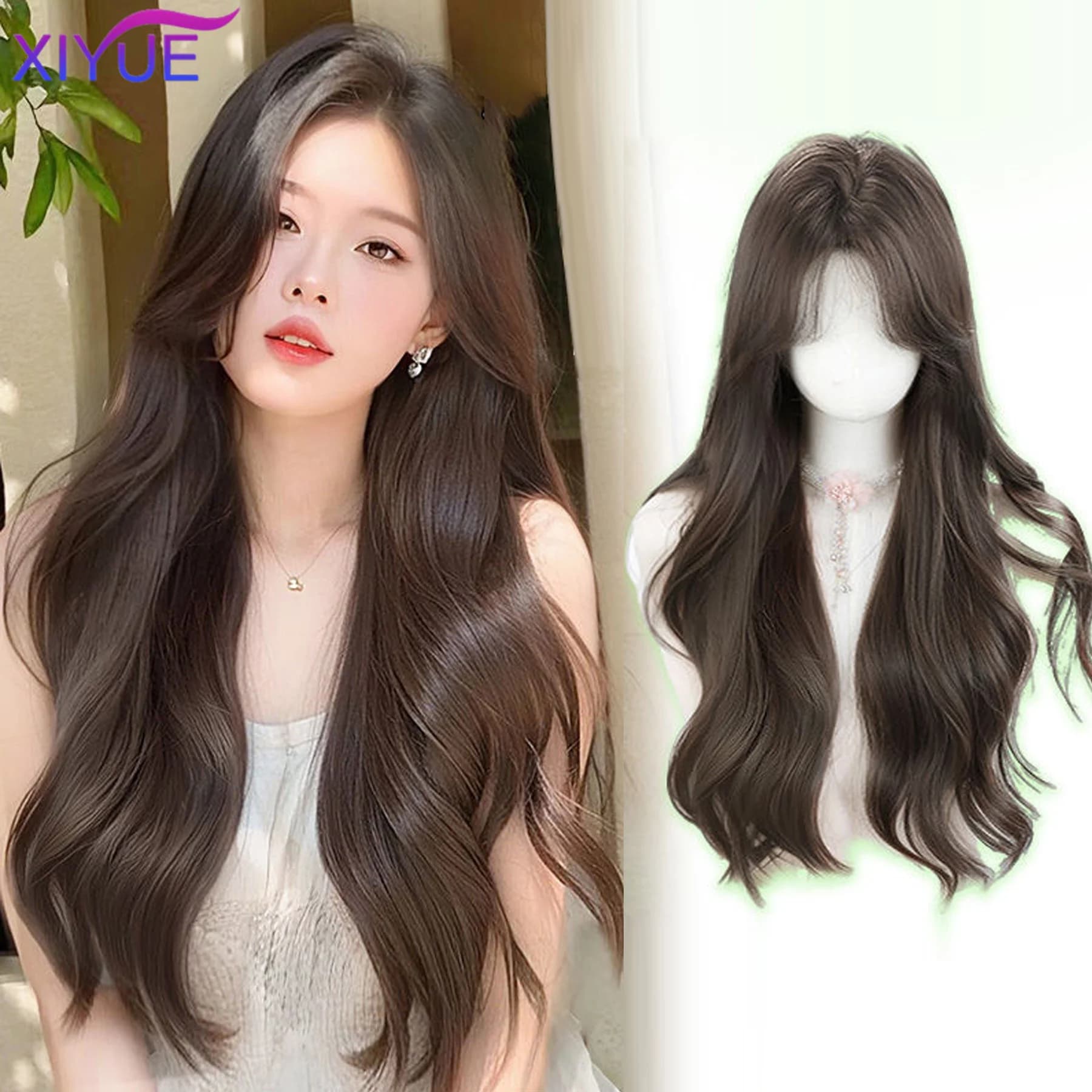 XIYUE Synthetic Wigs Long Curly Wave Wigs with Bangs for Women Cool brown Daily Cosplay Hair Wigs Heat Resistant