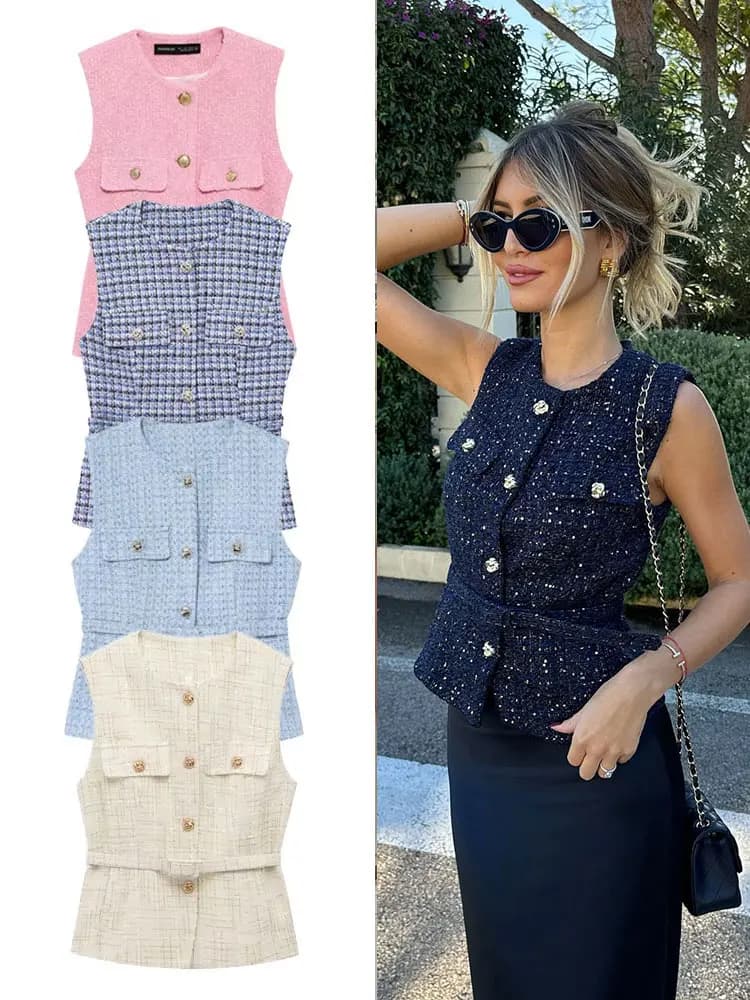 TRAFZA 2025 Woman Button Pockets Decoration Casual Slim Waistcoat Top Women Chic O-Neck Sleeveless Texture Vest Top Mujer
