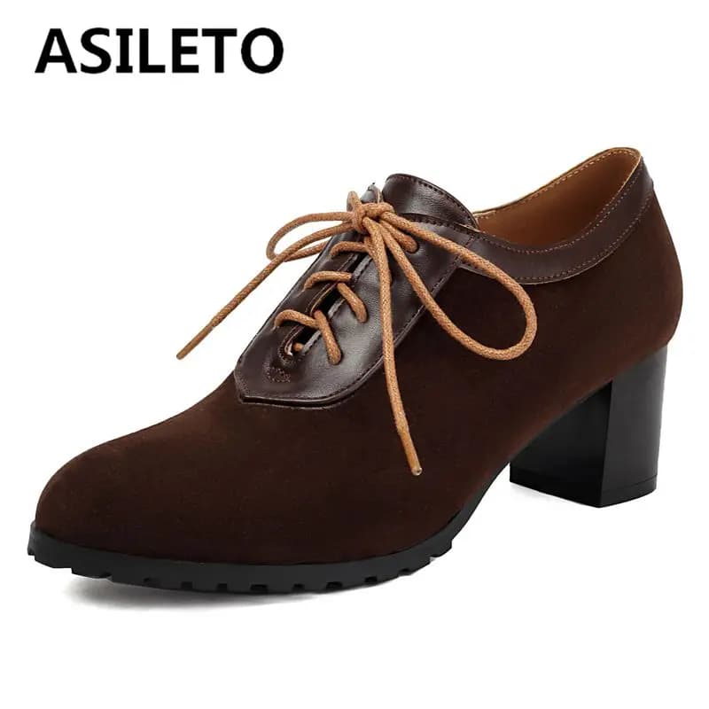 ASILETO 2024 New Office Lady Pumps Round Toe Block Heels 5.5cm Lace Up Flock Suede Plus Size 41 42 43 Mature Daily Women Shoes
