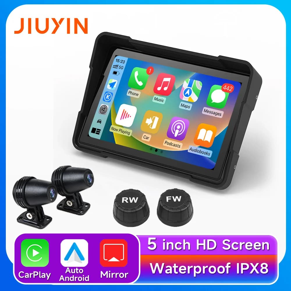 Jiuyin 5Inch Motorcycle Navigation Gps Hd Dual Video Recording Smart Wireless Apple Carplay Android Ipx7 Waterproof
