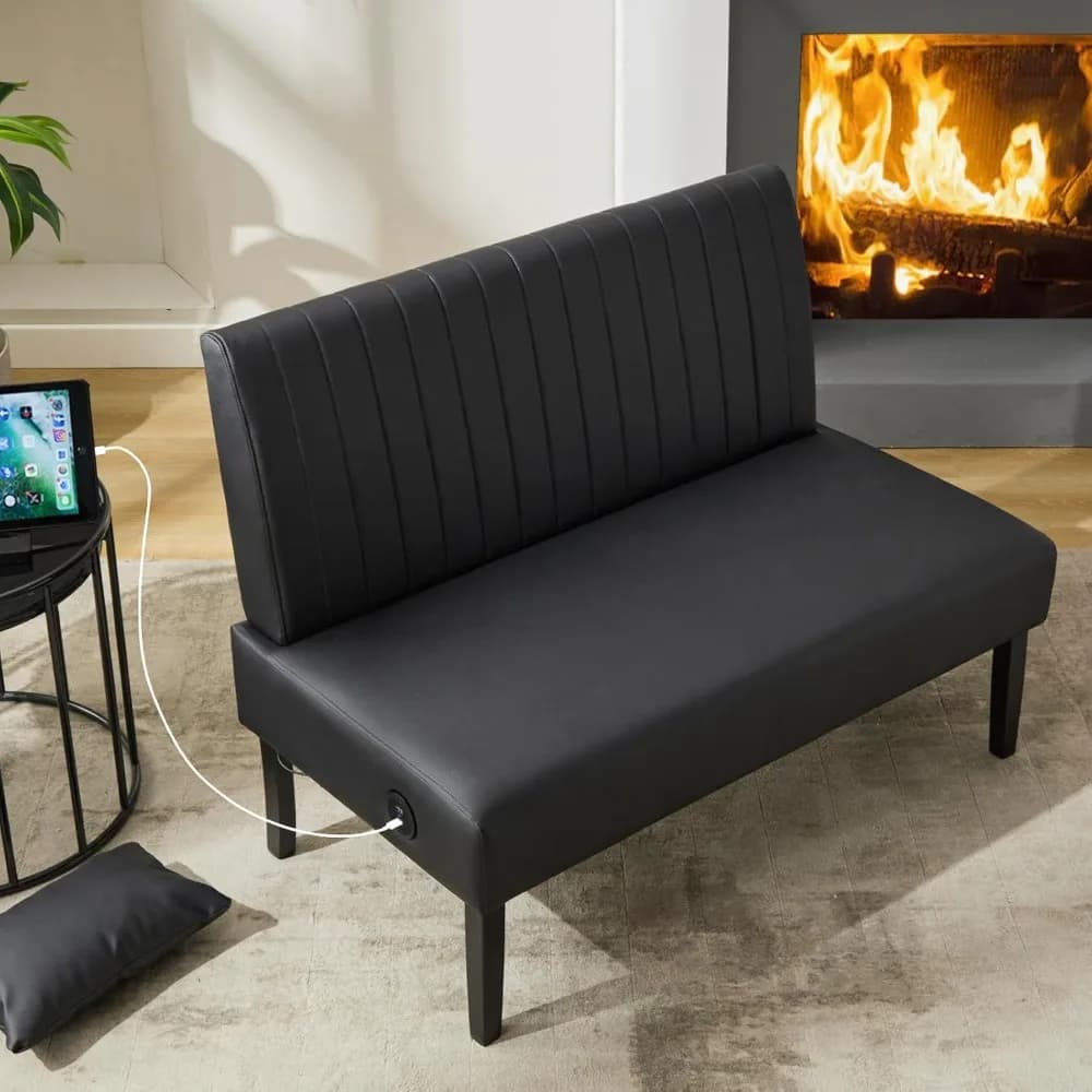 43" W Mini Small Black Leather Couch Armless Loveseat Sofa for Bedroom with USB Port, Small Couches for Small Spaces Living Room