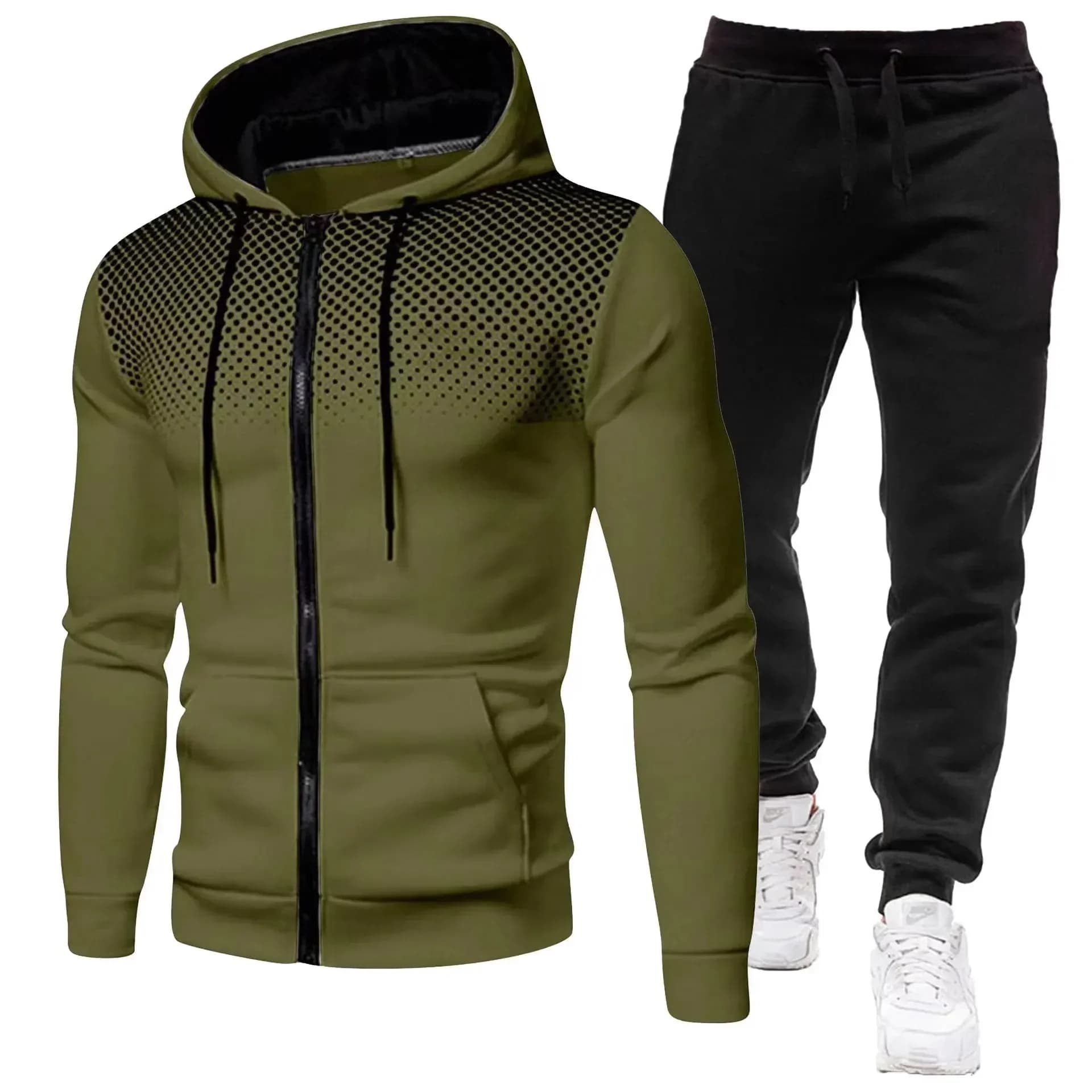 Fashion Print Tracksuit for Men Zipper Hooded Sweatshirt and Sweatpants Two Pieces Suits Male Casual Fitness Jogging Sports Sets