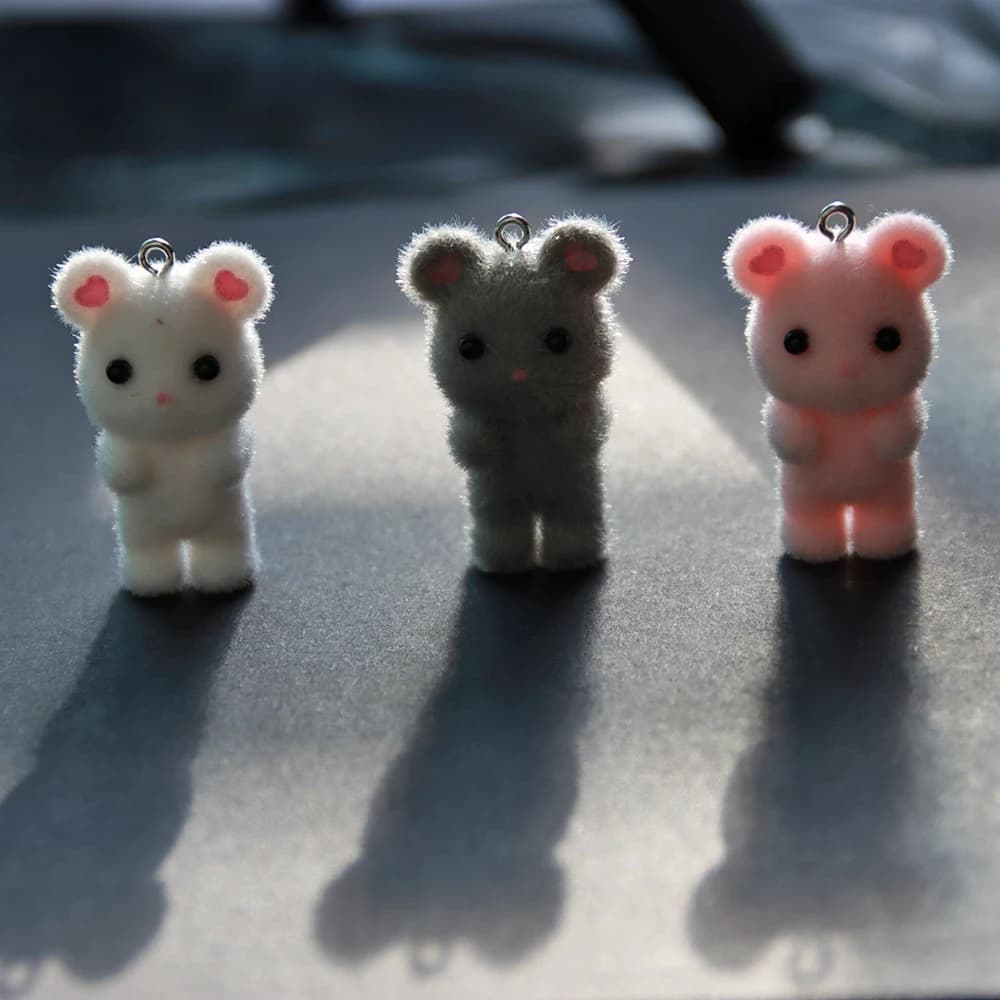 3PCS Mouse Pendant Kawaii 3D Fluffy Flocking Animal Mouse Charms Miniature Dolls Keychain Necklace Pendant DIY Jewelry Make