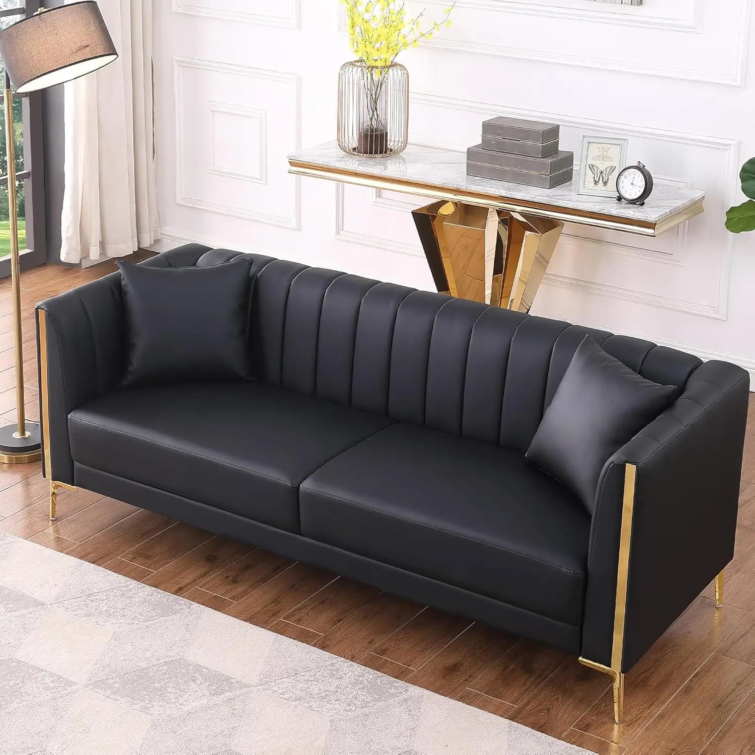 78'' Sofa Faux Leather 3 Seater Sofa with 2 Throw Pillows and Gold Metal Legs, Deep Seat Sofas for Living Room (Black)
