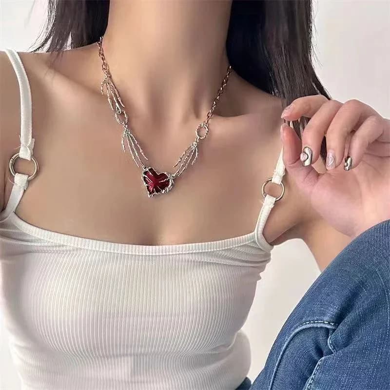 Gothic Ghost Claw Red Heart Necklace Irregular Dark Love Necklaces Punk Harajuku Big Heart Pendant Necklace For Men Women