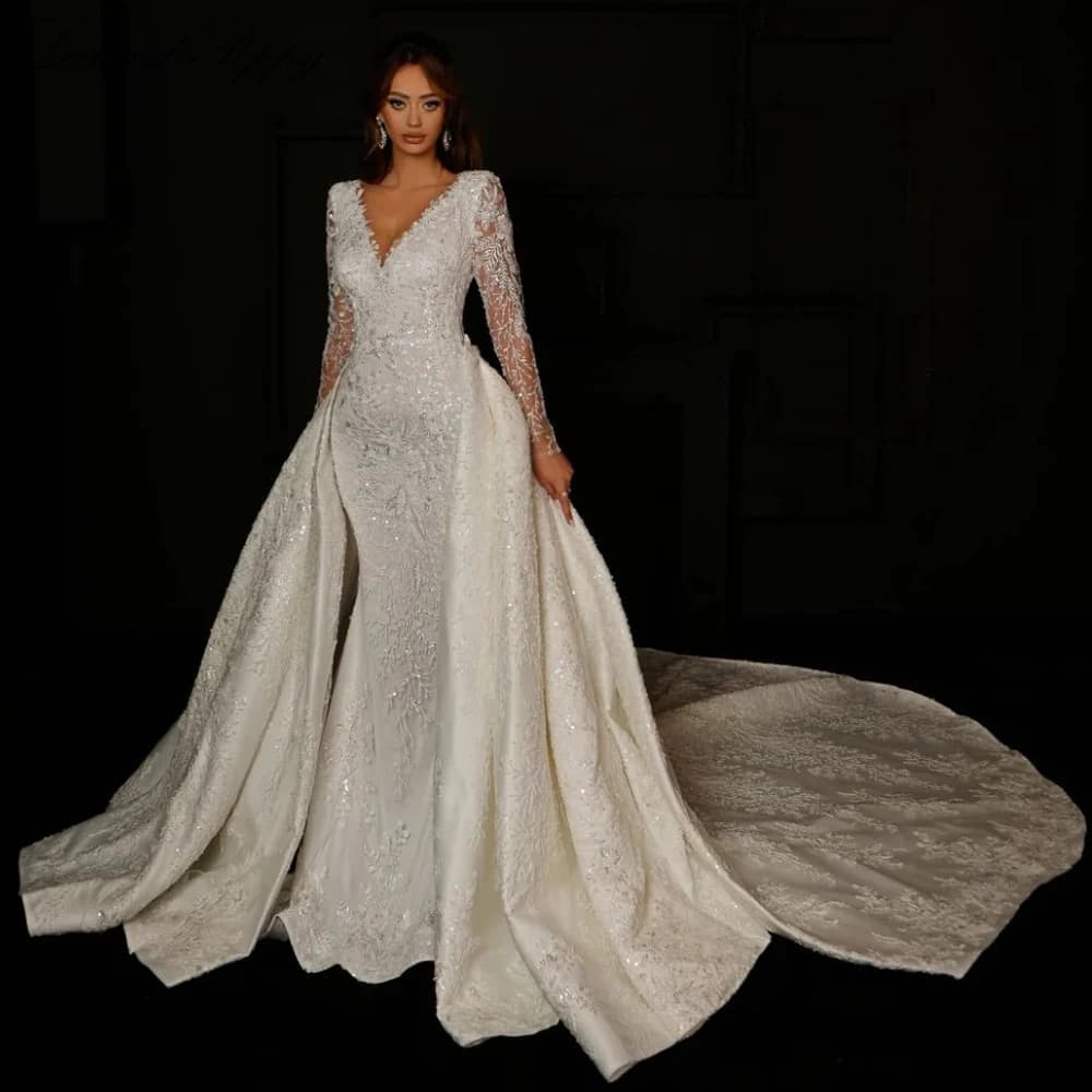 Lceland Poppy Customized V Neck Lace Mermaid Wedding Dresses Full Sleeves Beaded 2 Pieces Bridal Gowns with Detachable Train