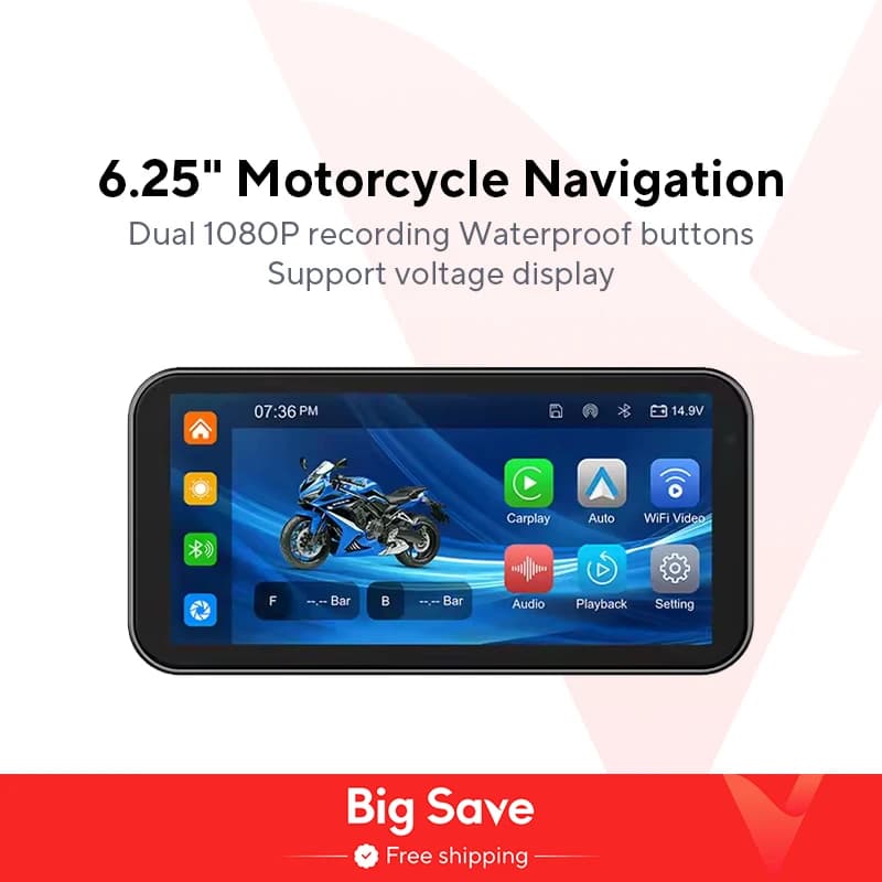 Portable 6.25 inch IP67 Waterproof Motorcycle GPS Navigation Wireless Carplay Android Auto DVR Drive Recorder Moto Monitor WIFI