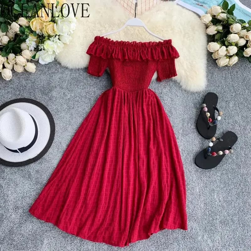 OCEANLOVE Women Summer Dresses Plaid Slash Neck Off Shouder Solid Vestidos 2024 Ruffles A-line High Waist Dress Robe Femme 11767