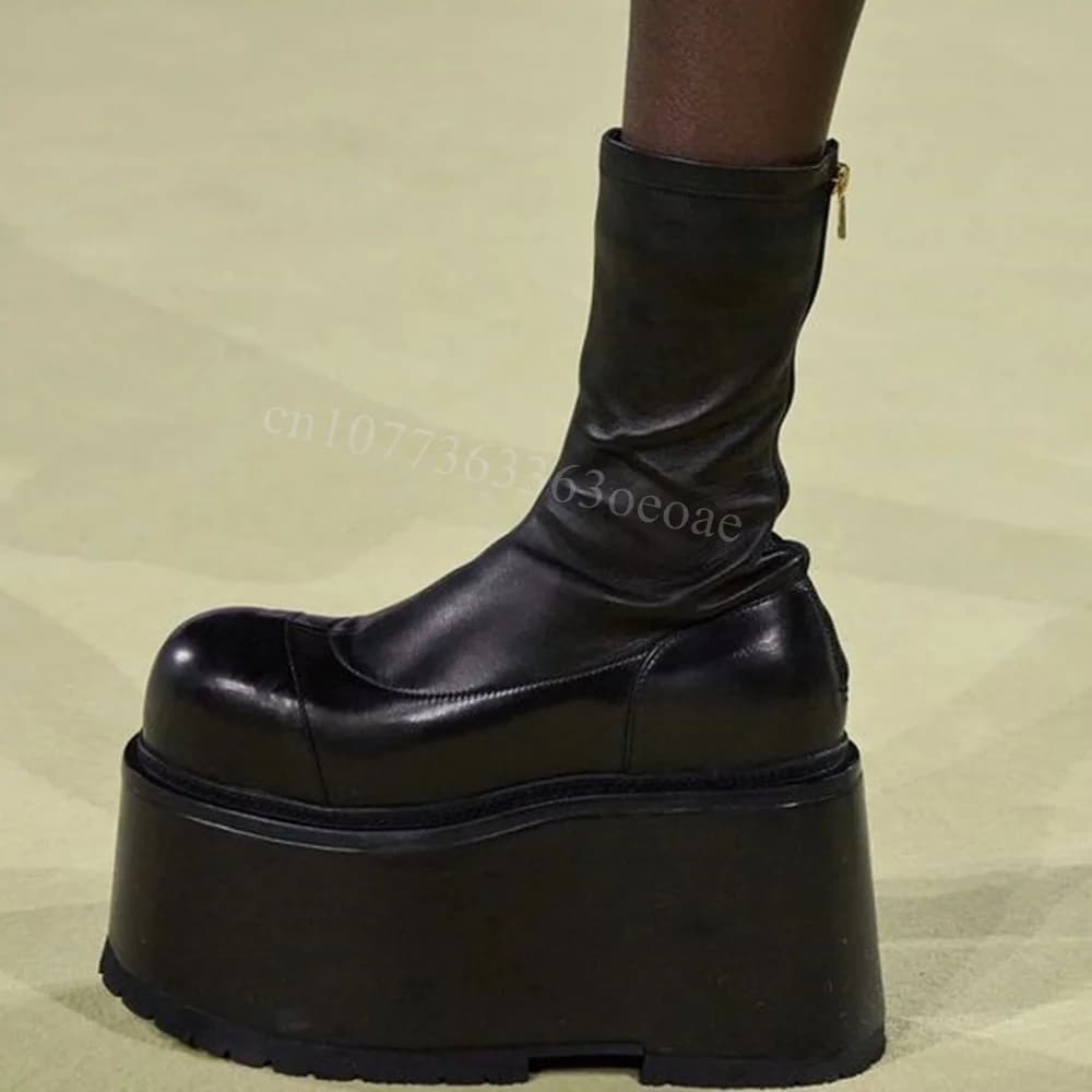 Sexy Round Toe High Platform Boots Black Mid Calf Shoes for Women Matte Leather Fashionable Shoes 2024 Zapatos Para Mujere