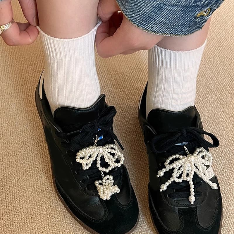 2PCS Handmade Pearl Bead Bowknot Shoe Buckle Bow Shoelace Chain Decor Decoration Accessories DIY Keychain Bag Pendant