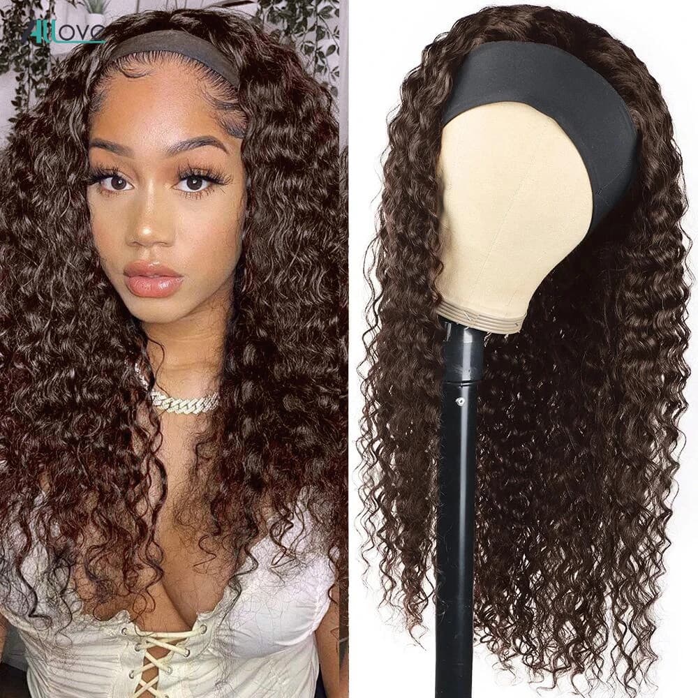 Allove #4 Brown Headband Wig Full Machine Made Wigs Deep Wave Brazilian Remy 100% Human Hair Scarf Wig For Women Deep Curly