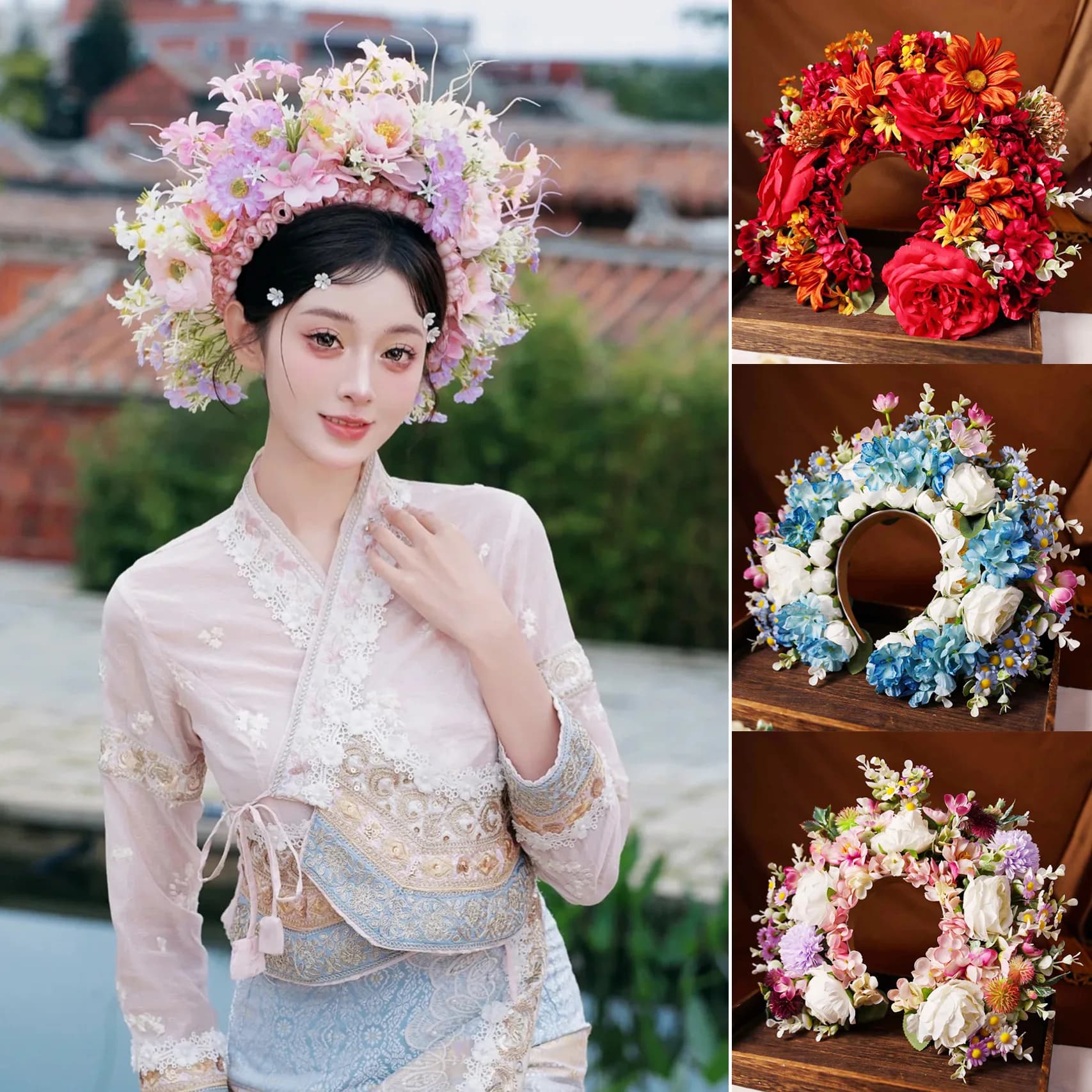 Women Girl Hair Accessories Headband Festival Big Flower Crown Wreath Decoration For The Hair Wedding Party Bride Headwear ﻿