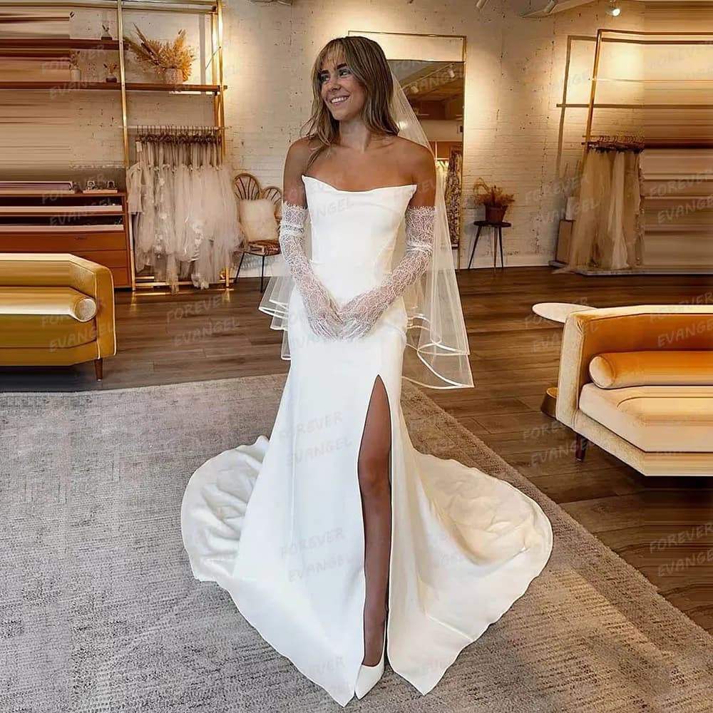 Simple Wedding Dresses Mermaid For Woman Elegant Sleeveless Sexy Sweep Train Side Split Bride Gowns Vestidos De Novia Gloveless