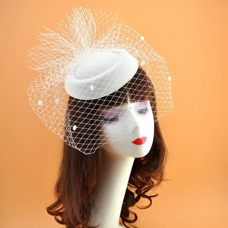 Fascinator Hats for Women Pillbox Cap with Plush Polka Dot Mesh Veil and Hair Clip Cocktail Tea Party Headwear Headdress