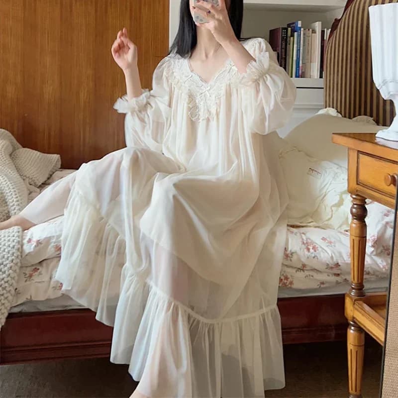 Fairy Night Dress Women Mesh Long Sleeve Sleepwear Princess Nightwear Spring Summer Cotton Sexy Lace Peignoir Vintage Nightgown
