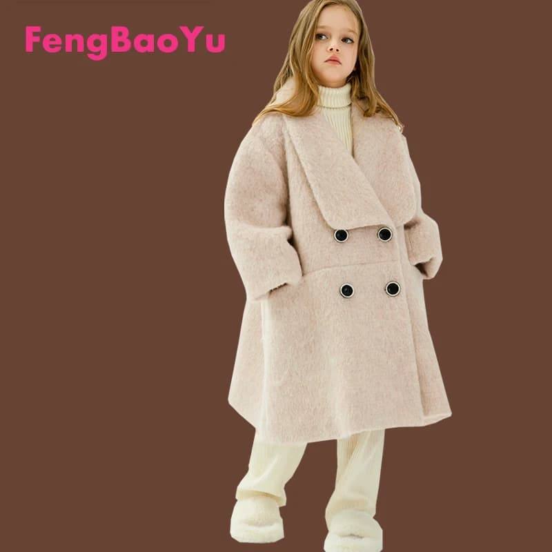 Autumn Winter Wool Girls' Coat Medium Long Children Coat Cashmere Large Lapel Double Breasted Temperament Clothing to Keep Warm