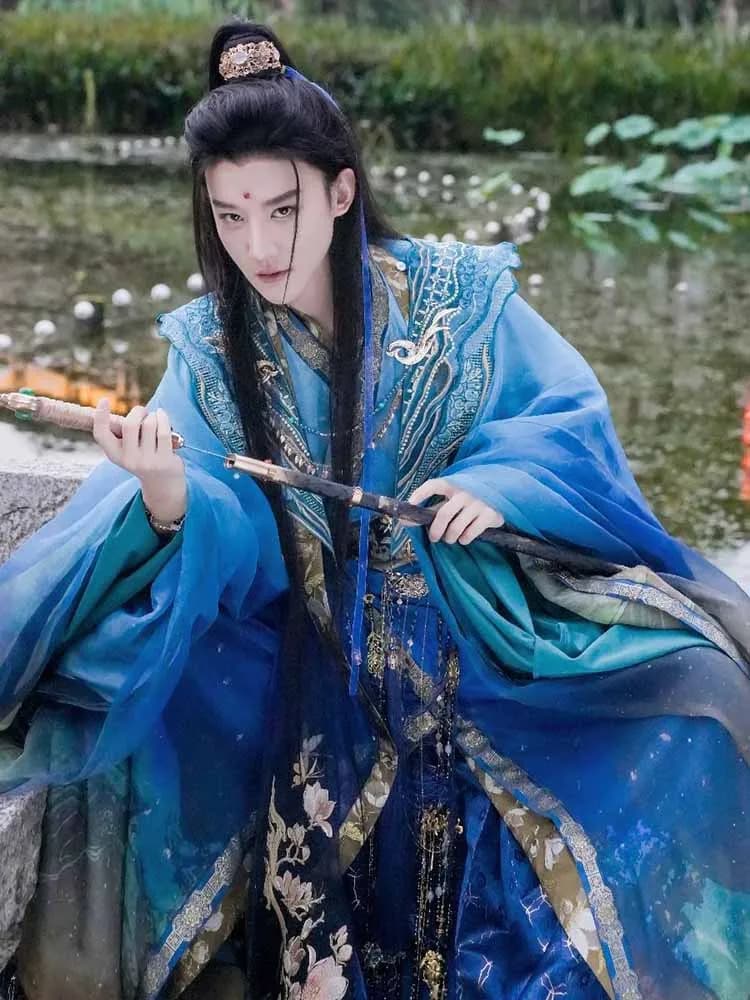 Luxury Chinese Hanfu Men Ancient Traditional Hanfu Gradient Blue Women Cosplay Costume Theme Party Hanfu Tang Suit Photography