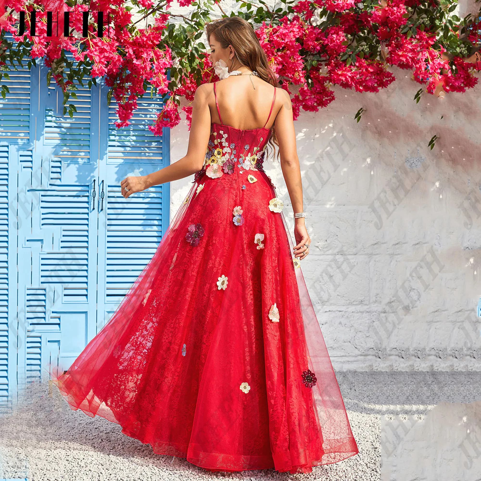 JEHETH Lace Prom Gowns 2024 3D Flowers Straps Women Evening Party Dresses A Line Sleeveless vestidos de fiestas elegantes mujer