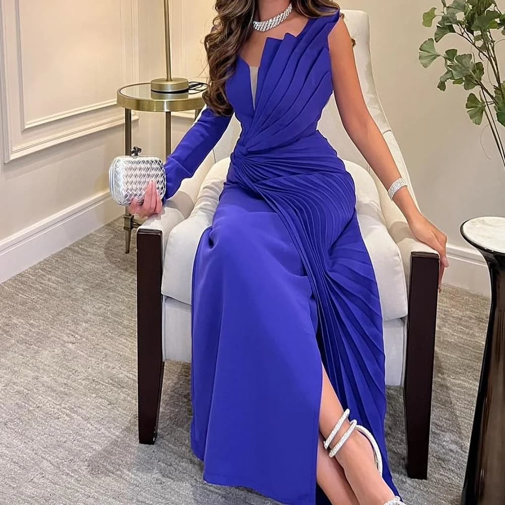 Temperament Jersey Straight One Shoulder Evening Dress Scalloped Long Sleeves Floor Length Photo Color فساتين سهره نسائيه فخمة