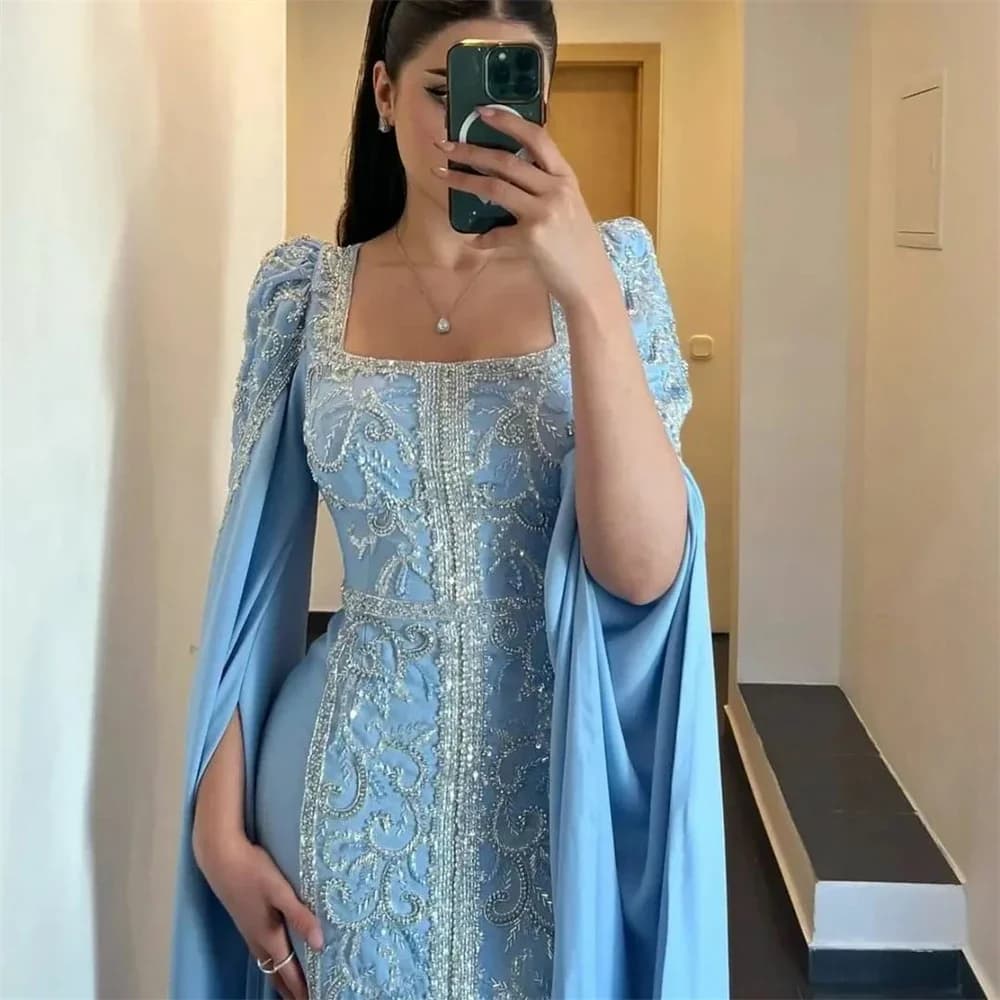 Prom Dress فستان سهرة نسائي Square Neck Long Sleeve Satin Formal Classic Occasion Evening Gown Islamic فساتين مناسبة حسب الطلب