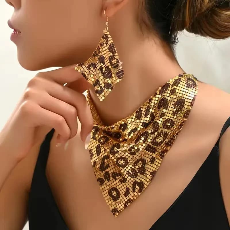 Exaggerated Leopard Print Triangle Scarf Shaped Necklace Diamond Drop Earrings For Women Fashion Party 2PCS Jewelry Set