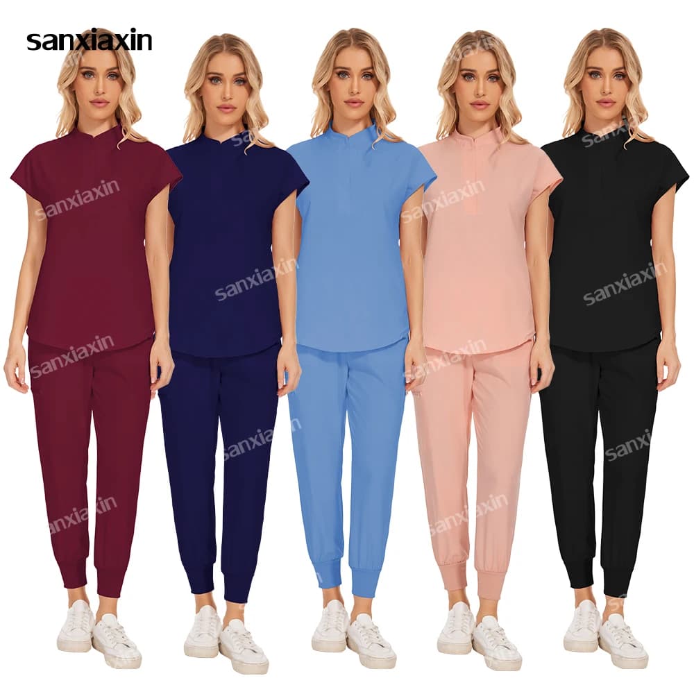Women Medical Uniforms Elastic Scrubs Sets Hospital Surgical Workwear Short Sleeve Top Pants Nursing Accessories Doctors Clothes