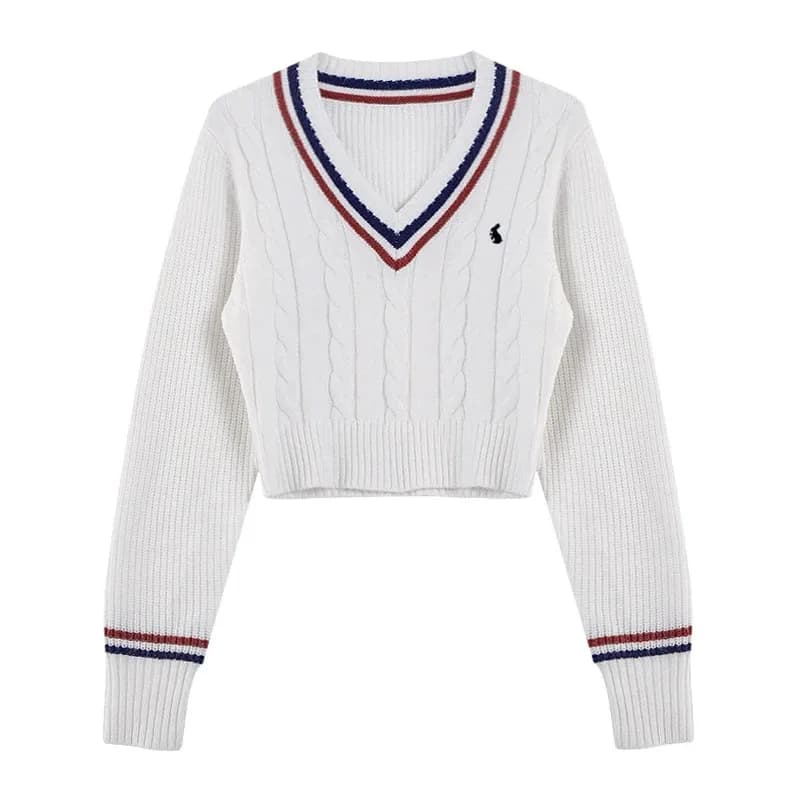 Korean Fashion Sweaters Women Autumn V-neck Y2K Cartoon Embroidery Knitted Tops Winter Soft Basic Long Sleeve Pullovers