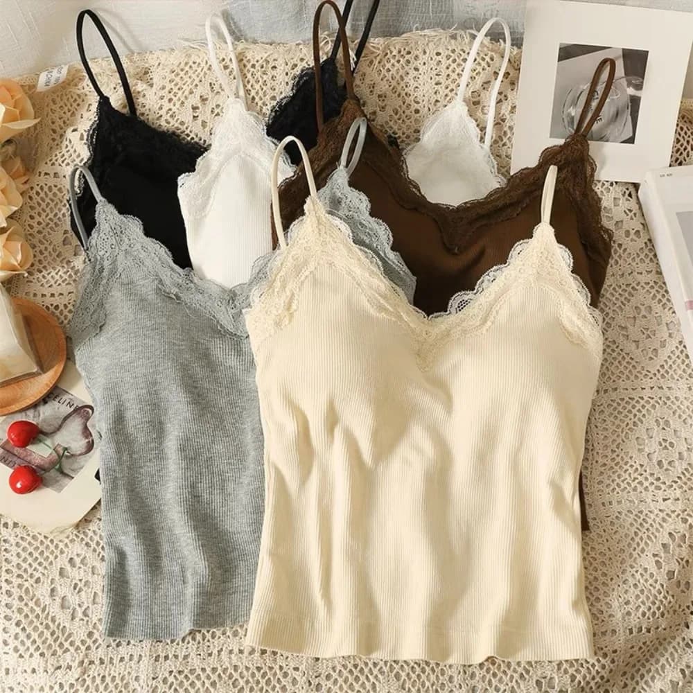 Comfort Breathable Lace Camisole Strap Bra Solid Color Crop Top Sexy Style Wire-Free Summer Top