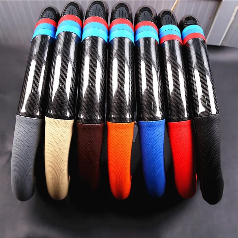 Carbon Fiber Leather Car Steering Wheel Cover Anti Slip and Breathable Car Handlebar Cover Four Season Universal Car Accessories