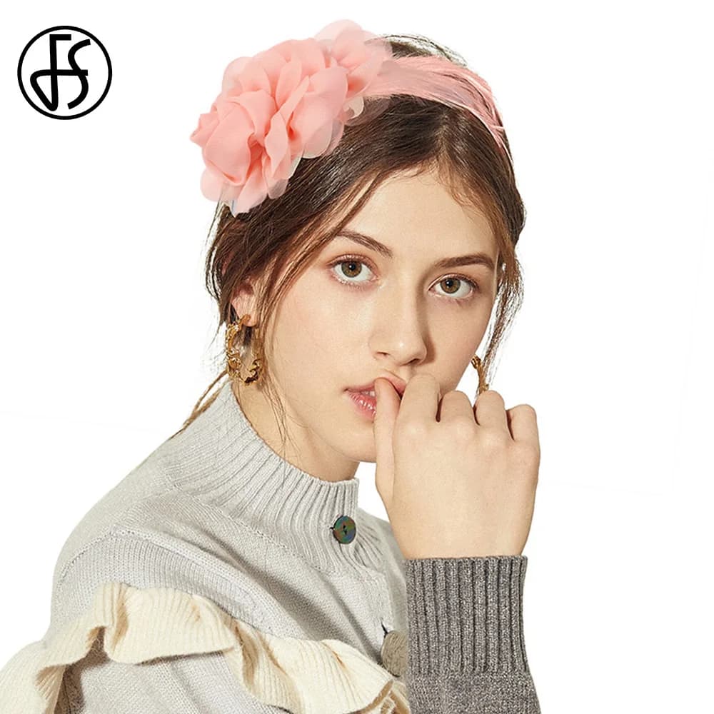 Elegant Pink Feather Flower Headpiece Fascinators Headband for Women Bridal Wedding Hair Accessory Small Top Hat 2025