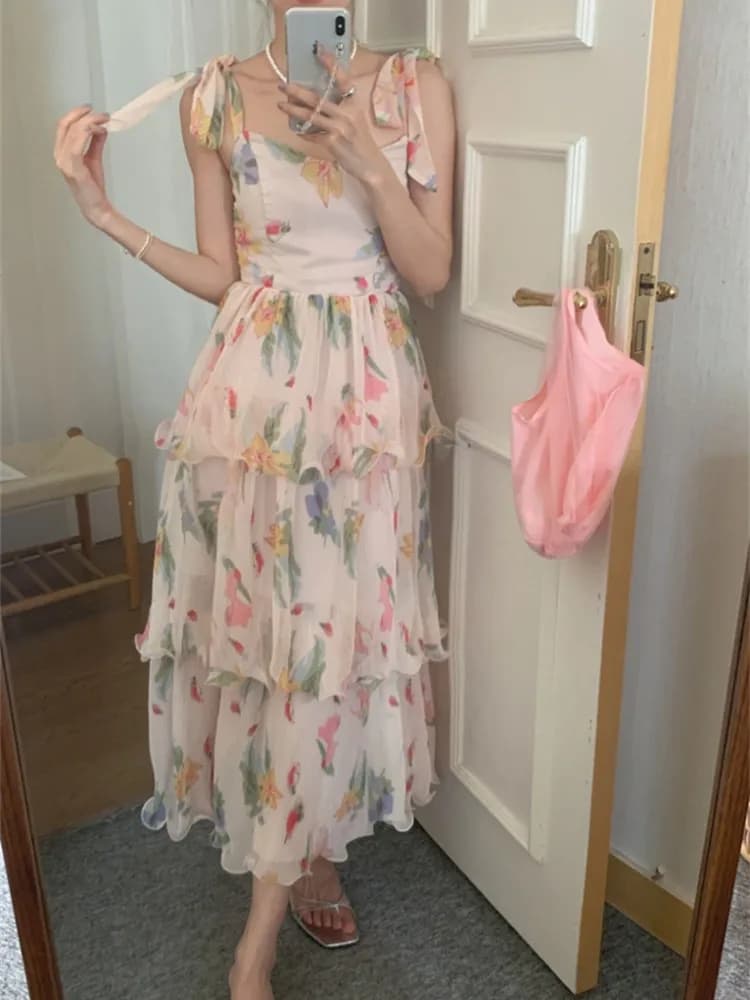 Korean style Women Sexy Fairy Bandage Slip Dresses Summer Backless Slim Print Cake Midi Dress Women Beach Holiday Vestidos  New