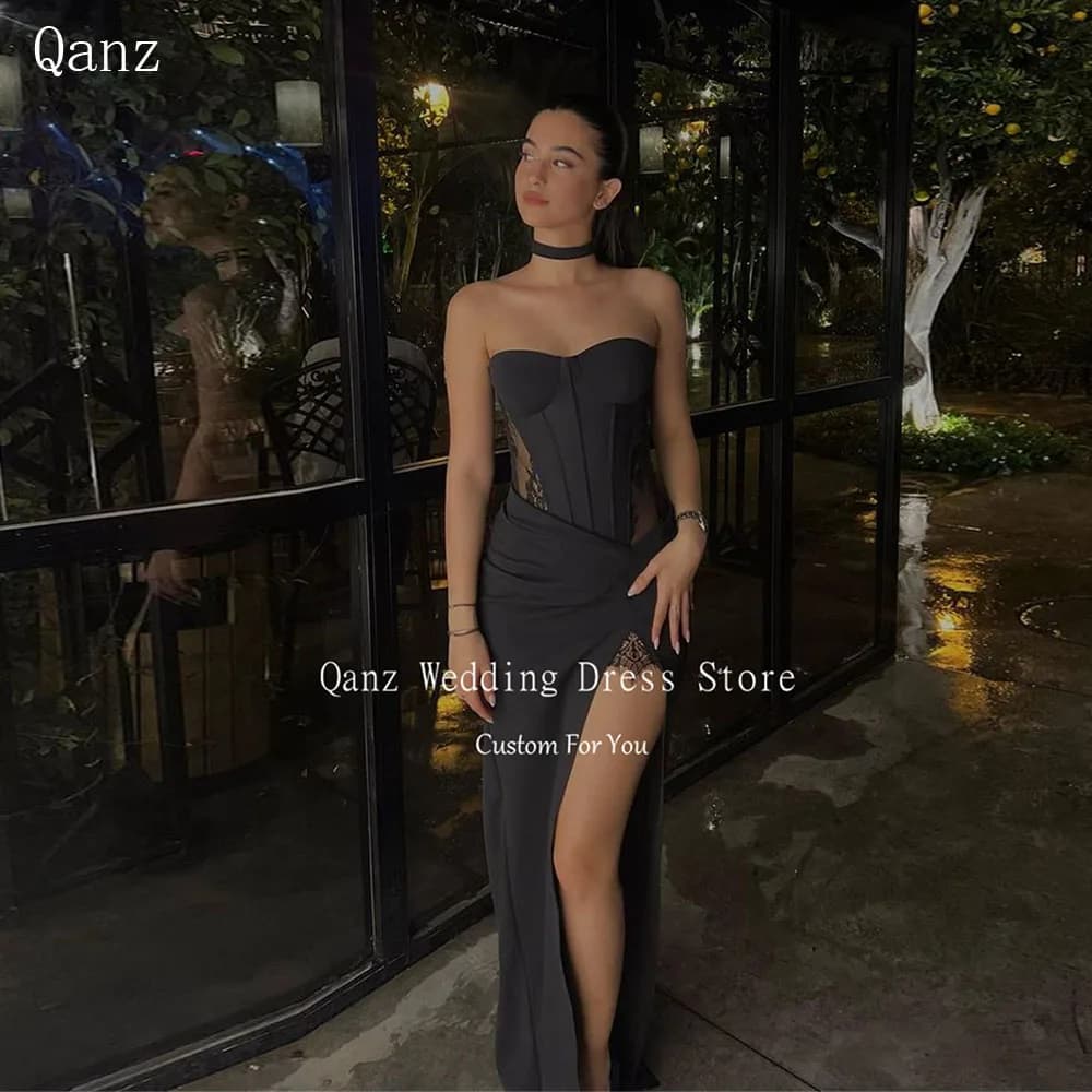 Qanz Black Lace Prom Dresses Sweetheart Corset Evening Dresses Woman Elegant Mermaid High Slit Satin Vestido De Noche Customized