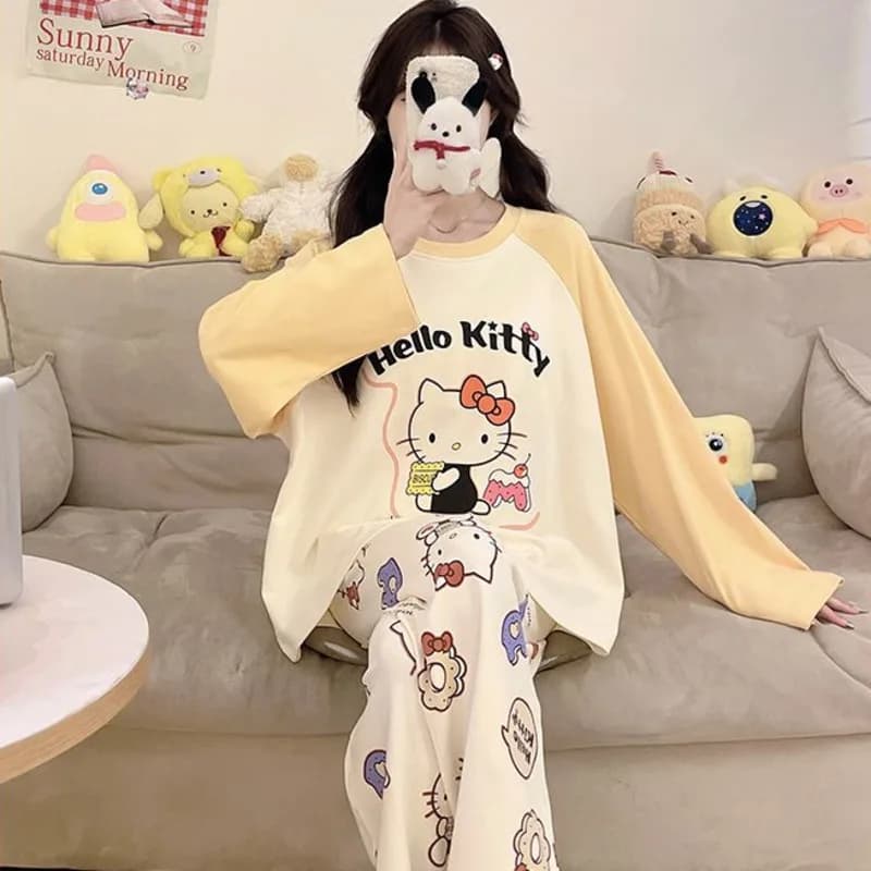 Sanrio Hello Kitty Spring Autumn Round Neck Pajamas Cute Cartoon Print Sweet Y2k Girl Home Clothes New Harajuku Casual Sleepwear