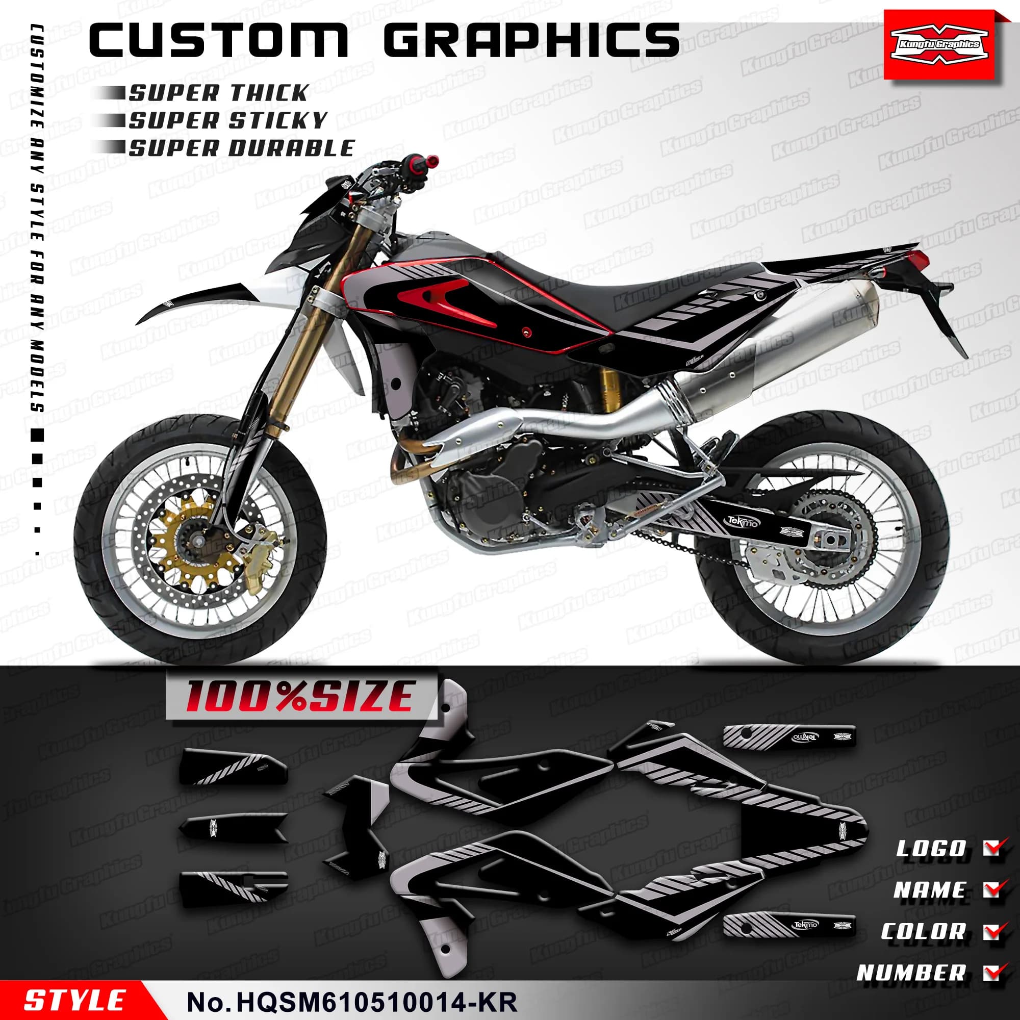 KUNGFU GRAPHICS Personalised Sticker Decals Kit for Husqvarna SM 610 2005 2006 2007 2008 2009 2010, HQSM610510014-KR