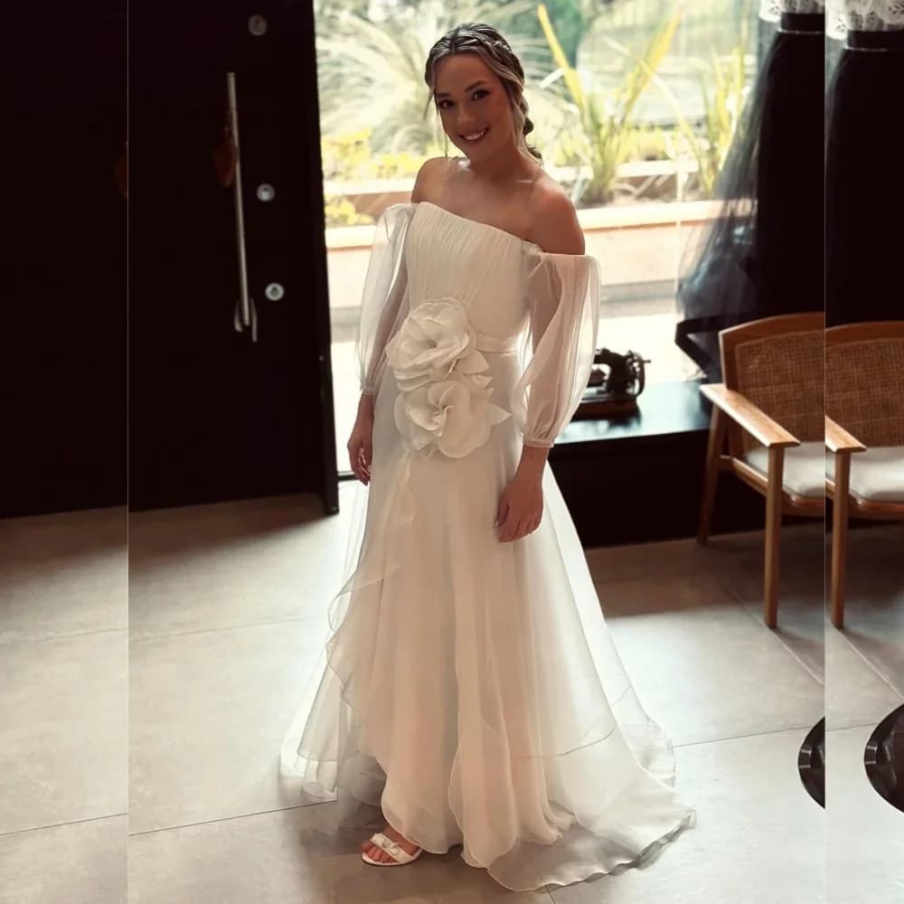 Customized Simple Chiffon Pleat Flower A-line Off-the-shoulder Long Dresses Bespoke Occasion Dresses Classic Exquisite Modern St