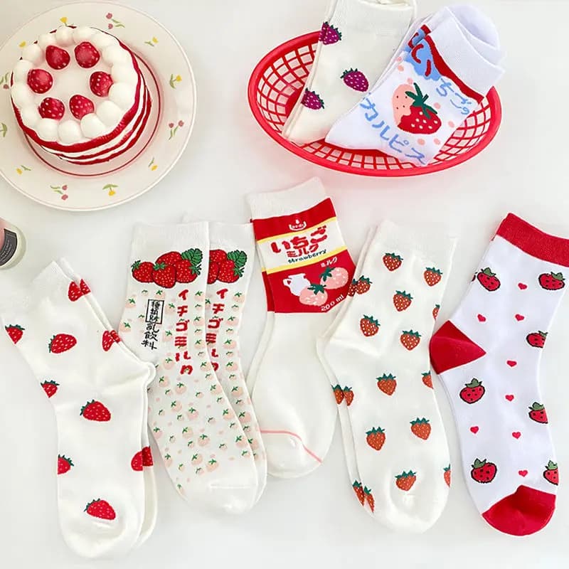 Cute Strawberry Socks Women's Middle Tube Socks Korean Japanese Sweet Style Girl School Milky White Short Crew Socks Girls Gift