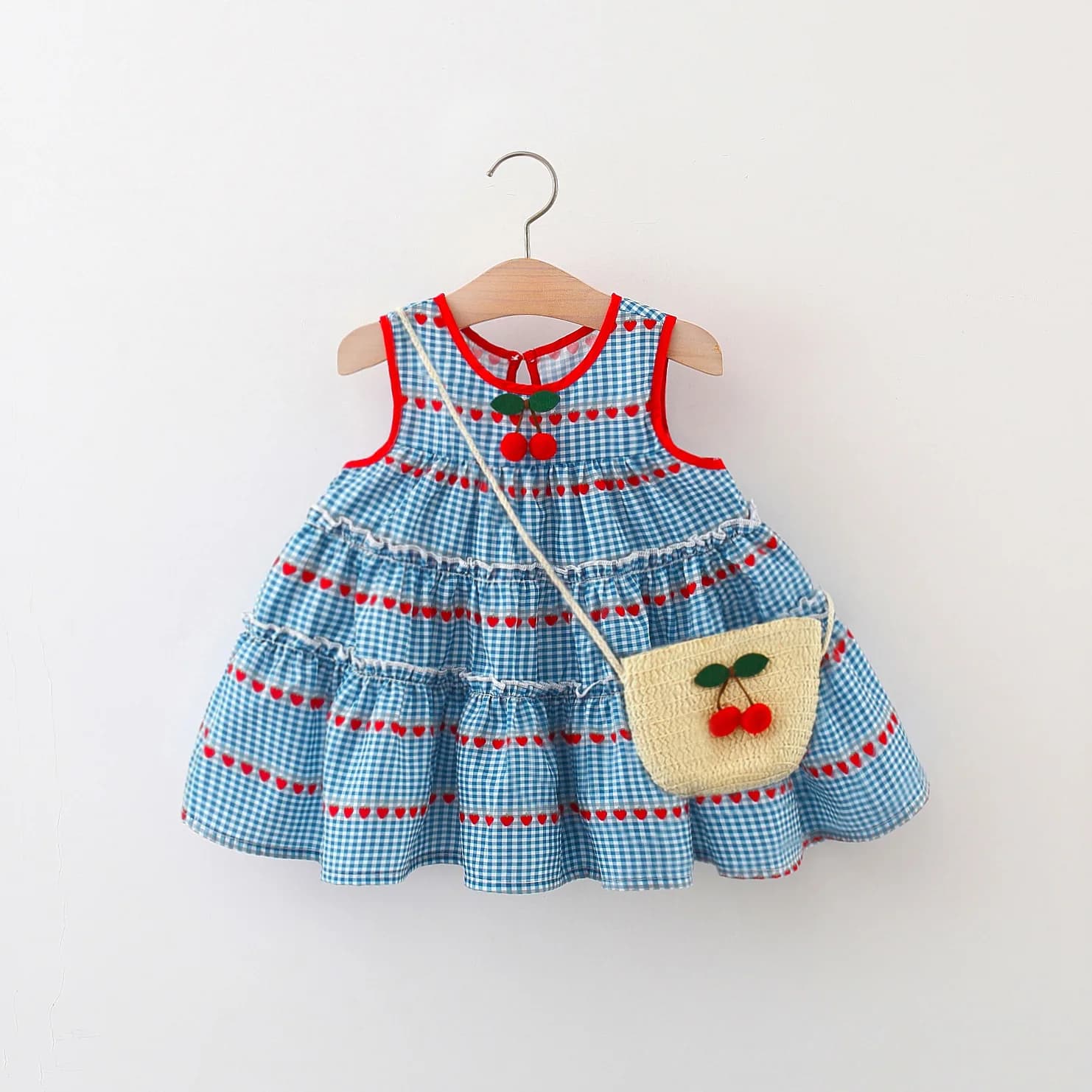 Baby girl's new summer dress with sleeveless round neck plaid heart cherry cotton skirt and diagonal cross bag included